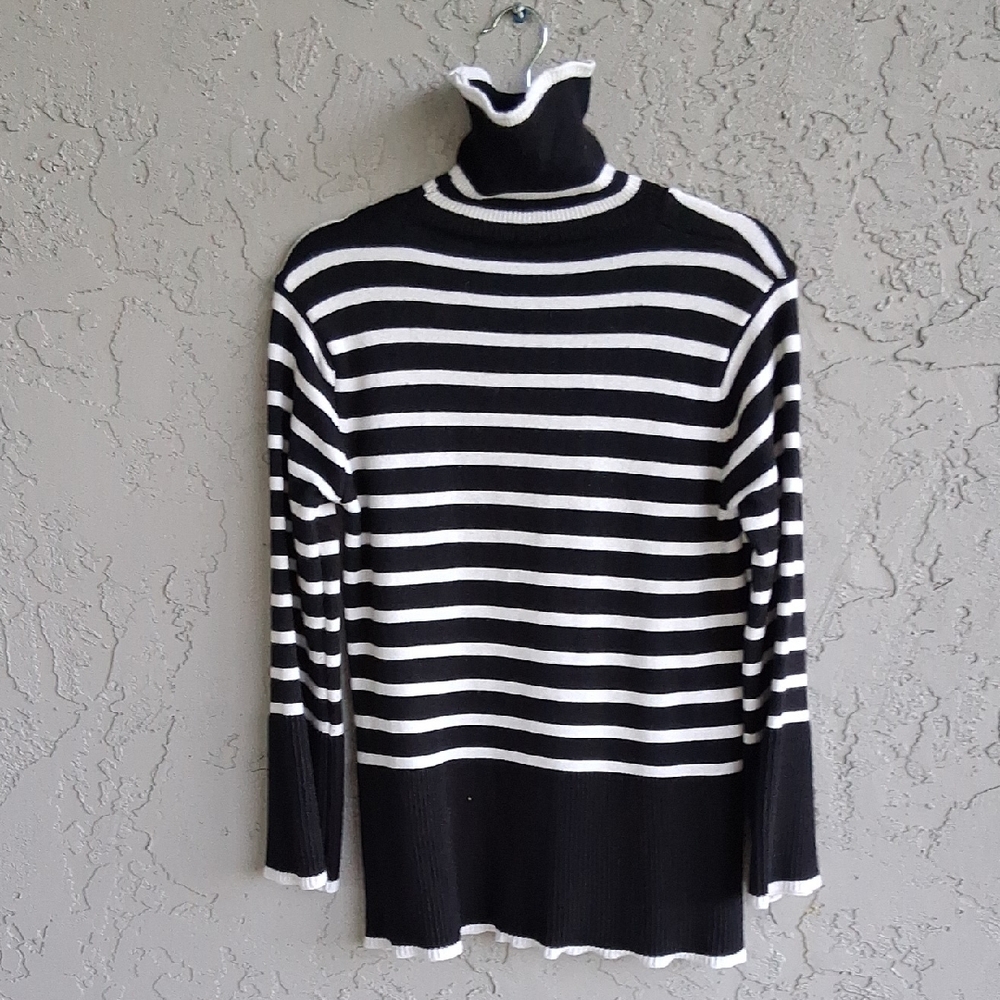 Elegant Black and White Striped Turtleneck Sweater